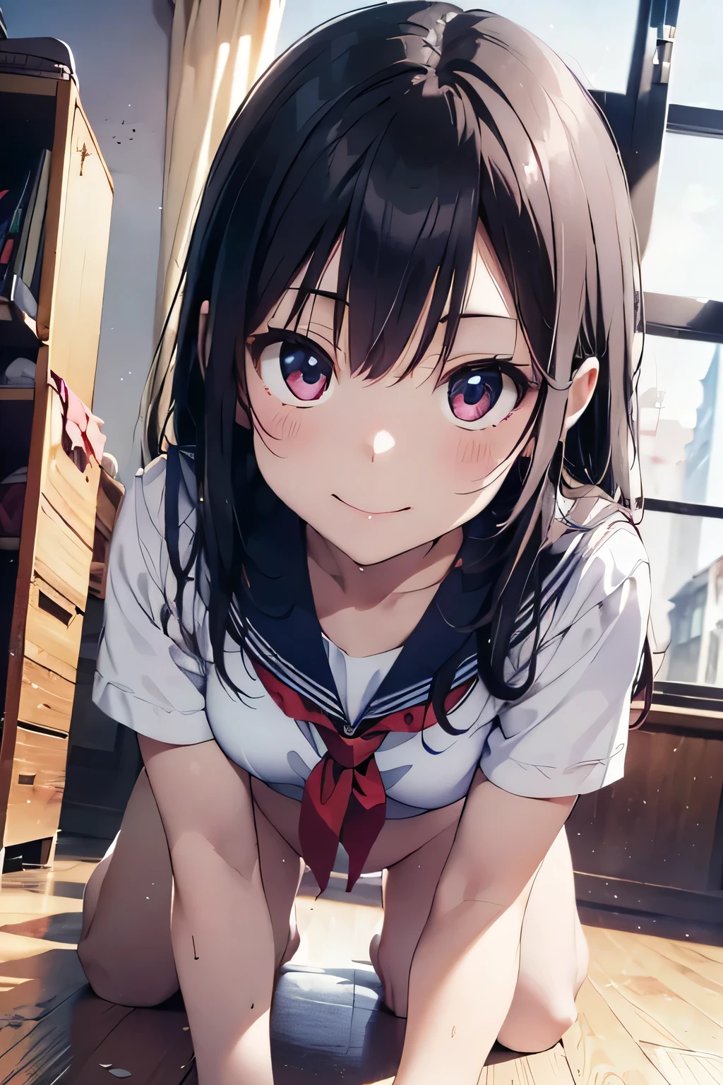 (extremely high quality artwork), (extremely detailed CG 8k), (masterpiece) ,(extremely cute girl), short, (innocent face), ((innocent smile)), shiny hair, (slim body), (small breasts), ((finely detailed beautiful eyes)), (eyes with brightness), (1st person view of a man), look at viewer, (seductively posing on all fours on floor), (spread legs), ((nsfw)), (school uniform), (white sailor suit), (((lower body is completely naked))), beautiful skin, pale skin, shiny skin, (bright color), vibrant colors, natural light, (glare),