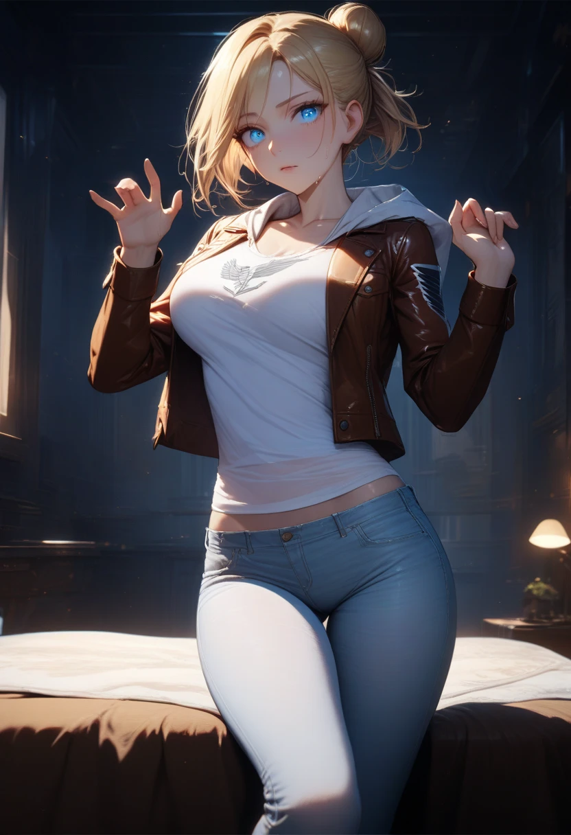 masterpiece,best quality,high resolution,16k,ultra HD,wallpaper,illustration,perfect face,cowboy shot,beautiful detailed eyes,extremely detailed face,perfect lighting,extremely detailed CG,perfect hands,perfect anatomy,perfect body,perfect hands,perfect fingers,1woman,full body,,,blonde half up single bun hair,blue eyes,large breasts,Medium ass,,(white hood inner T-shirt with Brown Leather jacket), White very short denim pants,clothed,,collarbone,,looking at viewer, (),Steam,sweat,on the bed,(Attack on Titan character Annie Leonhart),