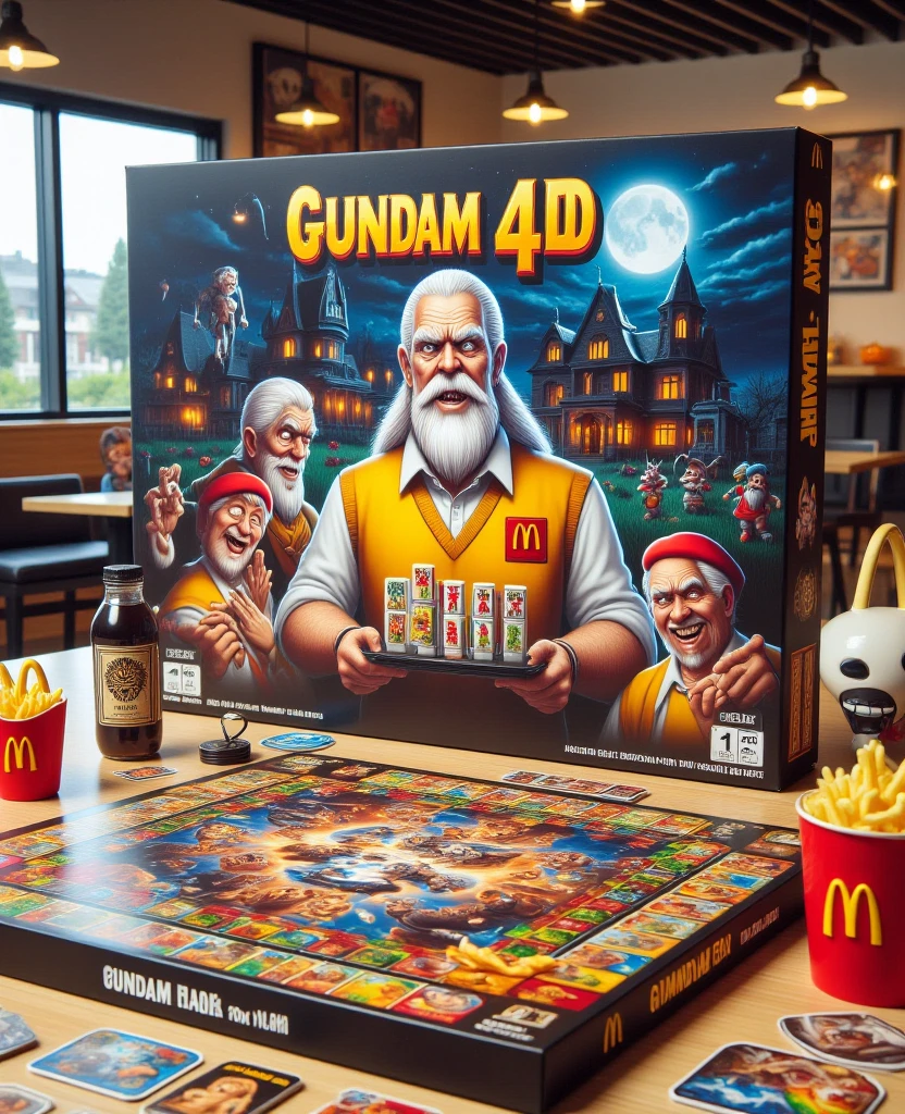 The picture is a photo of the "GUNDAM 4D SCHATER BLACK" board game box featuring a colorful and bright design. The box is rectangular and prominently features the Gundam 4D gold arch logo on the bottom left side. The top of the box features a strange scene with several Zeus characters wearing McDonald's employee uniforms, including red and white striped aprons and hats, as well as colorful aprons. The main figure in the center is the scary Grandpa Zeus with long bright white hair, white face, and sharp gaze, wearing a yellow vest and white shirt, holding a tray of food. The background depicts a lively cartoon atmosphere with a spooky Halloween themed graveyard at night, with a spooky mansion that appears to be on fire in the background, illuminated by a full moon. Various McDonald's foods, such as the scatter mahjong logo, scatter zeus logo, and drinks, are scattered around the characters. The board game is placed on a table in a fast food restaurant, surrounded by fast food mascots. 