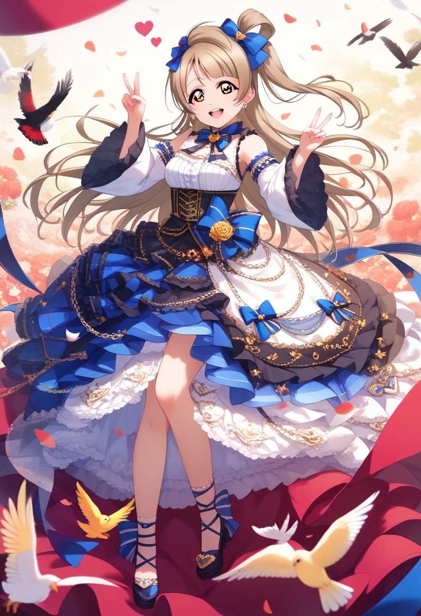 {{love live! school idol project, love live!, minami kotori,yellow eyes,light brown hair, many hearts and birds idol costume, double peace, straight-on, full body, intricate, detail eyes, detail face, hyper-detailed, 100-layer, amazing quality, excellent, {{{{ultra-high resolution}}}}, {{{hi-vision anime}}}}, anatomy, 8k wallpaper , extremely detailed CG unity 8k wallpaper, masterpiece, best quality, extremely detailed CG , super fine illustration , ultra detailed, (ultra detailed illustration:1.4), perfect body balance composition