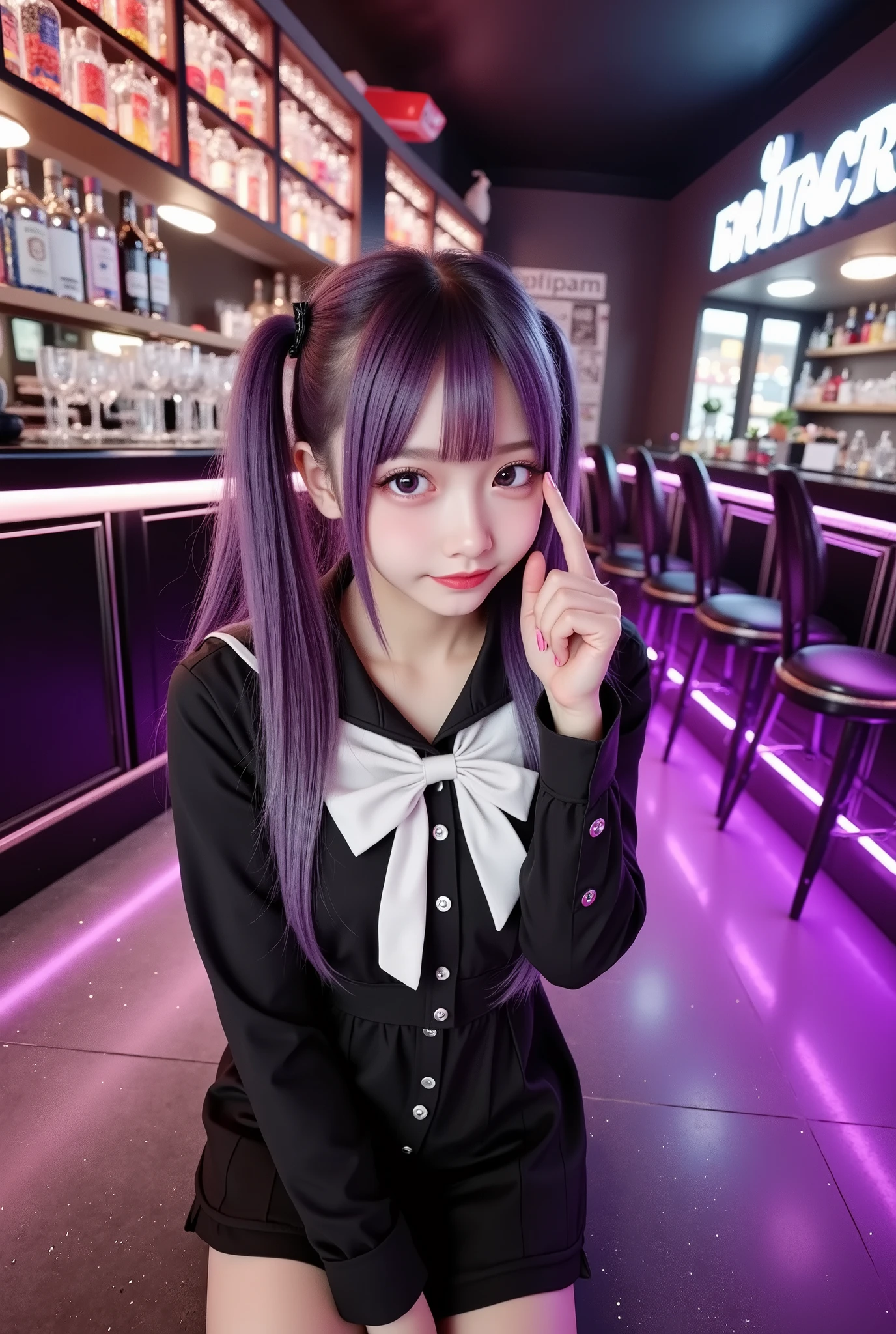 photo realistic,1girl\(sitting on the ground, full body, purple hair with gradient streaks of blue and silver,twin tail hair, detailed face with glowing violet eyes, making a playful finger-framing gesture around her eye, Jiraikei_Fashion_Flux, natural pose with slightly tilted head, serene expression with a gentle smile, flowing hair strands illuminated softly by diffused lighting\),sitting in a stylish underground bar, dimly lit with warm neon signs casting a soft glow, polished black and gold counter with elegant barstools, colorful cocktail glasses and vintage bottles lined up on shelves behind her, faint haze of smoke adding mystery, vibrant purple and pink lights reflecting off metallic surfaces, faint sparkle of glitter scattered across the floor, glowing fairy lights draped along the walls, ultra-detailed textures, cinematic lighting, ray tracing effects, 8k resolution, masterful composition