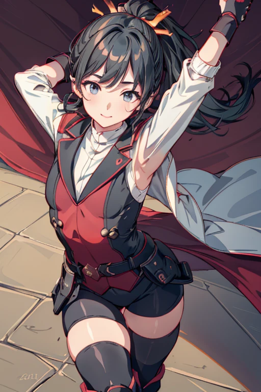 beautiful, masterpiece, best quality, extremely detailed face, perfect lighting, 1girl, solo, matoi ryuuko b, senketsu, suspender skirt, squatting,blush, cowboy shot