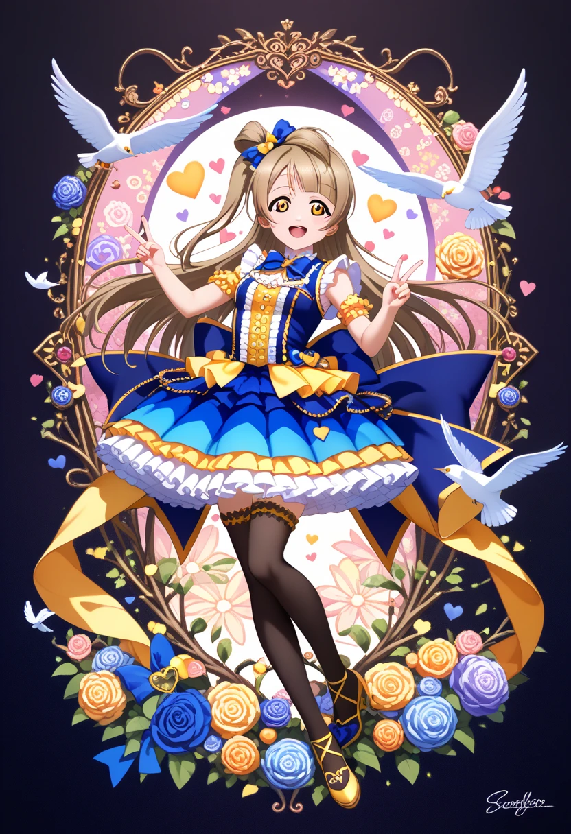 {{love live! school idol project, love live!, minami kotori,yellow eyes,light brown hair, many hearts and birds idol costume, double peace, straight-on, full body, intricate, detail eyes, detail face, hyper-detailed, 100-layer, amazing quality, excellent, {{{{ultra-high resolution}}}}, {{{hi-vision anime}}}}, anatomy, 8k wallpaper , extremely detailed CG unity 8k wallpaper, masterpiece, best quality, extremely detailed CG , super fine illustration , ultra detailed, (ultra detailed illustration:1.4), perfect body balance composition