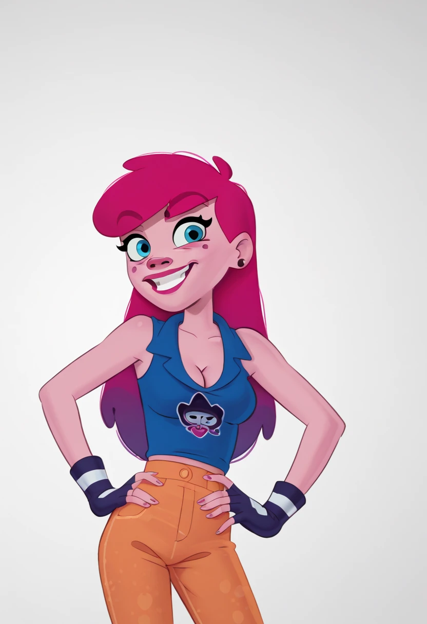 AnyMalu, 1girl, gloves, solo, earrings, fingerless gloves, blue eyes, pink hair, jewelry, long hair, makeup, pants,smile, standing, black gloves,hands on own hips,  upper body, sleeveless, looking at viewer,shorts,simple background, cleavage,, score_9, score_8_up, score_7_up, score_6_up  zPDXLxxx 