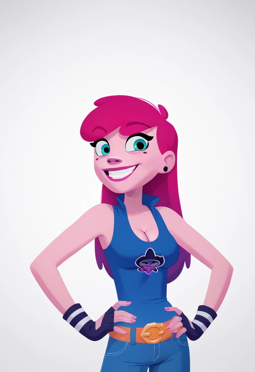 AnyMalu, 1girl, gloves, solo, earrings, fingerless gloves, blue eyes, pink hair, jewelry, long hair, makeup, pants,smile, standing, black gloves,hands on own hips,  upper body, sleeveless, looking at viewer,shorts,simple background, cleavage,, score_9, score_8_up, score_7_up, score_6_up  zPDXLxxx 