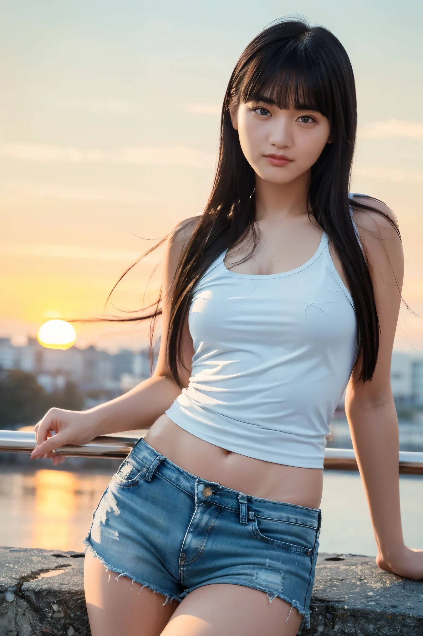 nsfw:1.2, from below:1.4,front focus:1.5,(8k RAW photo,Live Shooting, top quality , masterpiece:1.37), Extreme light and shadow, full body shot :1.5, shiny maroon hair , long hair, ,bangs, ( Clean brown eyes 、 with sparkling eyes , fine grain)、smile、 ultra-detailed eyes sandwiched between columns、 VERY DETAILED FACE , very detailed eyes ,, One Girl , Alone、 masterpiece , cowboy shooting 、 super high res,nsfw、 One Girl , , ( short tank top , damaged denim shorts)), white skin,( Sunset Background:1.4),