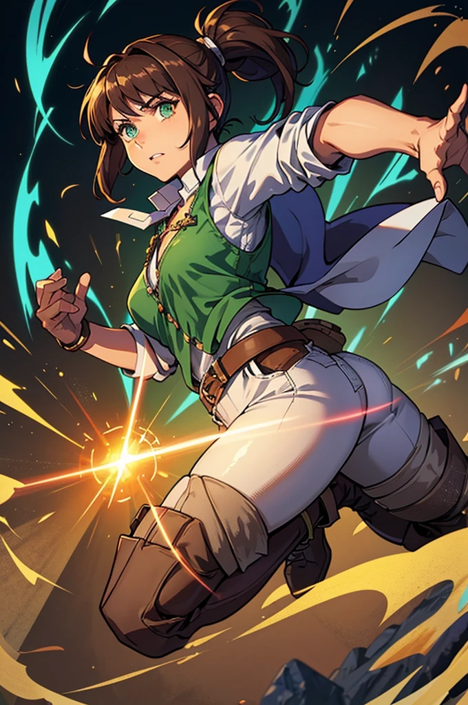  A full-body anime-style illustration of Professor Elaria Brightforge in an action pose.  She is a medium-sized human woman with an athletic and strong build .  She has light brown hair tied in a tall ponytail ,  with some loose tufts framing her slightly freckled face .  Her bright and determined green eyes are intensely focused on her task .  He wears a reinforced leather vest over a white linen shirt with his sleeves rolled up ,  tight pants and sturdy and worn boots . On her belt are Magitech tools ,  like screwdrivers , Keys,  small magic crystals and shiny runes .  Several magical amulets hang from her belt and vest .  She holds a shiny Magitech device in one hand and A rune magic in the other ,  ready for action ,  standing in a vibrant magical workshop full of shiny artifacts and sparks of energy ."