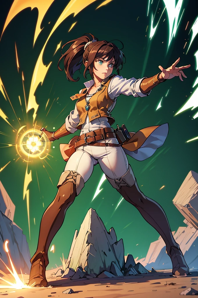  A full-body anime-style illustration of Professor Elaria Brightforge in an action pose.  She is a medium-sized human woman with an athletic and strong build .  She has light brown hair tied in a tall ponytail ,  with some loose tufts framing her slightly freckled face .  Her bright and determined green eyes are intensely focused on her task .  He wears a reinforced leather vest over a white linen shirt with his sleeves rolled up ,  tight pants and sturdy and worn boots . On her belt are Magitech tools ,  like screwdrivers , Keys,  small magic crystals and shiny runes .  Several magical amulets hang from her belt and vest .  She holds a shiny Magitech device in one hand and A rune magic in the other ,  ready for action ,  standing in a vibrant magical workshop full of shiny artifacts and sparks of energy ."