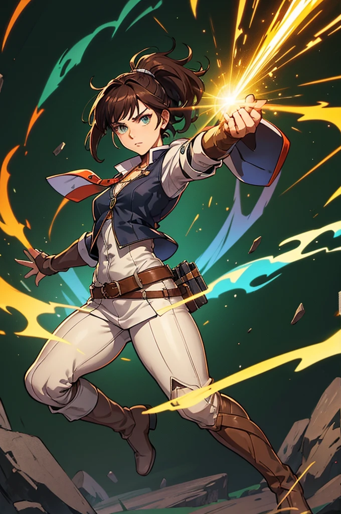  A full-body anime-style illustration of Professor Elaria Brightforge in an action pose.  She is a medium-sized human woman with an athletic and strong build .  She has light brown hair tied in a tall ponytail ,  with some loose tufts framing her slightly freckled face .  Her bright and determined green eyes are intensely focused on her task .  He wears a reinforced leather vest over a white linen shirt with his sleeves rolled up ,  tight pants and sturdy and worn boots . On her belt are Magitech tools ,  like screwdrivers , Keys,  small magic crystals and shiny runes .  Several magical amulets hang from her belt and vest .  She holds a shiny Magitech device in one hand and A rune magic in the other ,  ready for action ,  standing in a vibrant magical workshop full of shiny artifacts and sparks of energy ."