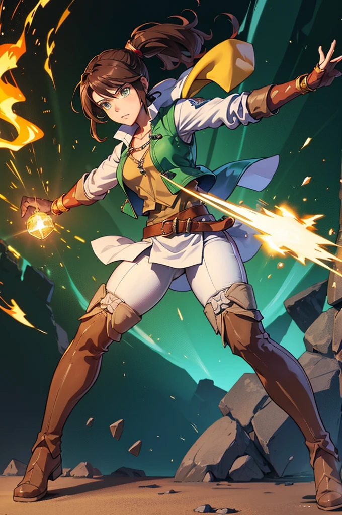  A full-body anime-style illustration of Professor Elaria Brightforge in an action pose.  She is a medium-sized human woman with an athletic and strong build .  She has light brown hair tied in a tall ponytail ,  with some loose tufts framing her slightly freckled face .  Her bright and determined green eyes are intensely focused on her task .  He wears a reinforced leather vest over a white linen shirt with his sleeves rolled up ,  tight pants and sturdy and worn boots . On her belt are Magitech tools ,  like screwdrivers , Keys,  small magic crystals and shiny runes .  Several magical amulets hang from her belt and vest .  She holds a shiny Magitech device in one hand and A rune magic in the other ,  ready for action ,  standing in a vibrant magical workshop full of shiny artifacts and sparks of energy ."