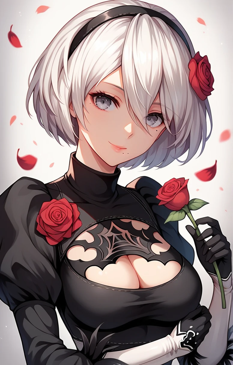 1girl, yorha_no._2_type_b, solo, mole_under_mouth, mole, breasts, flower, upper_body, smile, no_blindfold, hairband, puffy_sleeves, cleavage_cutout, holding, short_hair, gloves, holding_flower, long_sleeves, black_hairband, black_dress, cleavage, clothing_cutout, juliet_sleeves, red_flower, dress, looking_at_viewer, white_hair, medium_breasts, black_gloves, rose, red_rose, closed_mouth, turtleneck, hair_between_eyes, feather-trimmed_sleeves, simple_background, vambraces, gradient, grey_eyes, bangs, gradient_background