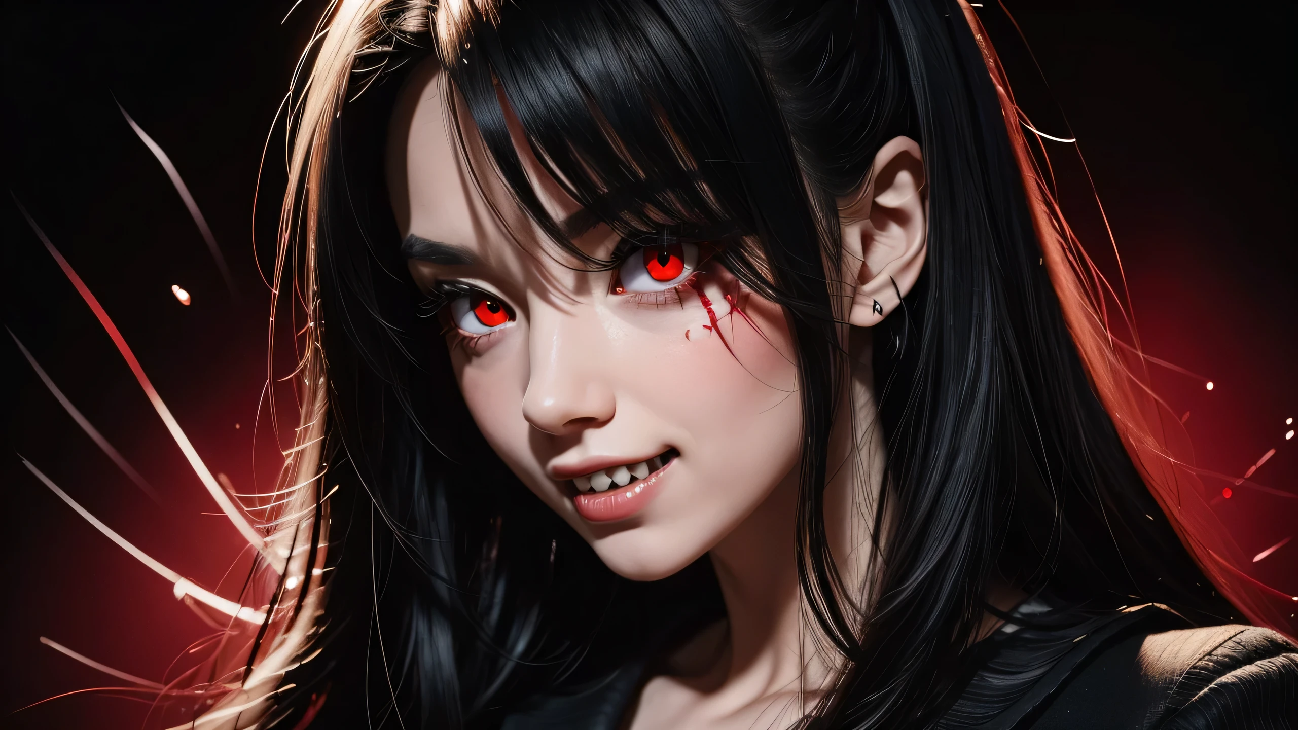 A beatiful psychopatic school girl with glowing dangerous red eyes and sharp teeth and an evil grin and long black hair, close up, detailed eyes, detailed face