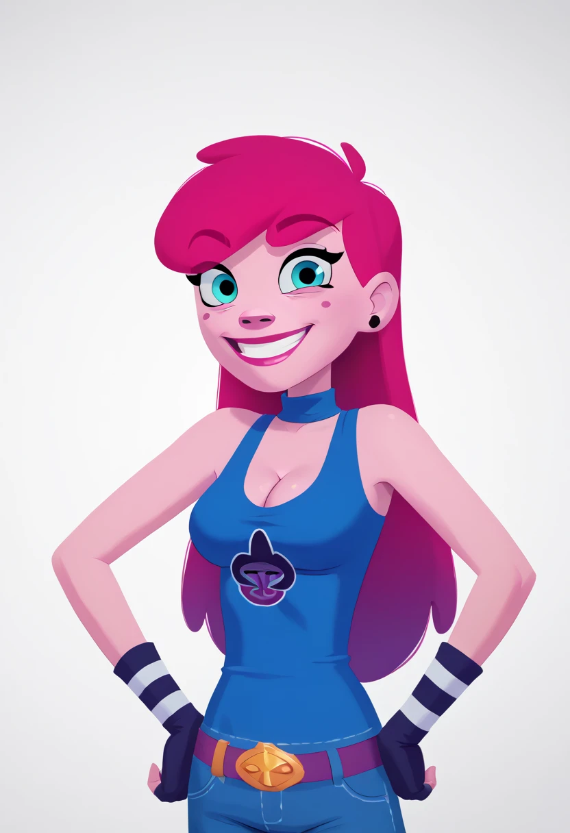 AnyMalu, 1girl, gloves, solo, earrings, fingerless gloves, blue eyes, pink hair, jewelry, long hair, makeup, pants,smile, standing, black gloves,hands on own hips,  upper body, sleeveless, looking at viewer,shorts,simple background, cleavage,, score_9, score_8_up, score_7_up, score_6_up  zPDXLxxx 