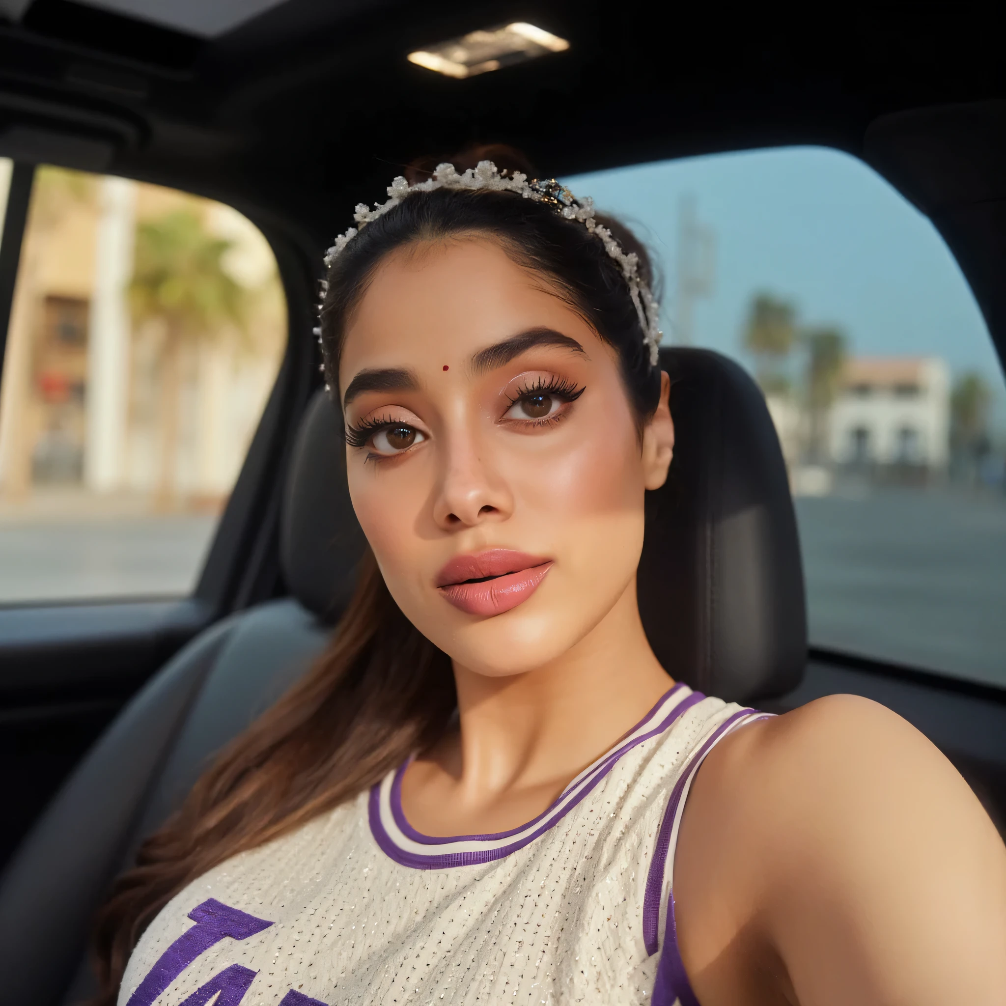 Janhvi kapoor, indian actress, brown eyes, beautiful face, white headband, slicked back hair, ponytail, supermodel face, amazing eyes, adorable smile, (taking a selfie), (inside a basketball court), (lakers basketball jersey, sleevless), (glossy wet lips, shiny pink lips), realistic image, photoshoot, enhanced details, sitting in a car seat,