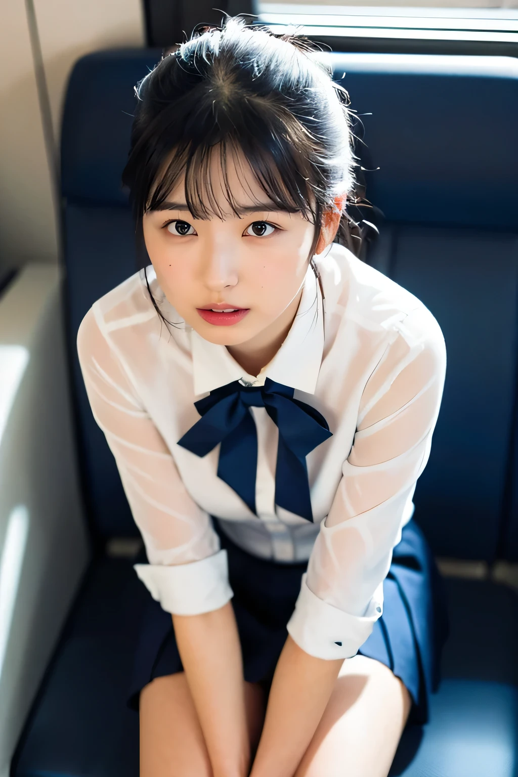 masterpiece, High resolution, Ultra High resolution, 4K, perfect hands,Black Hair, Japanese Girls, Navy blue Uniform skirt, White shirt, bow tie, Accentuate your thighs, White thighs, Soft thighs, Shiny thighs, Sitting on a train, Facing angle, Angle from below, Sitting on a train Seat, Sit in front, Zoom camera to hip joint, Put your feet on the train floor, whole body, Looking down and sleepy, Watch only viewers, Highest quality, Ultra High resolution, Realistic, High resolution, detailed, RAW Photos, sharp, Nikon Film Pictures, Images and Stock Photos, Rich lens color, Ultra-realistic and realistic texture, Dramatic lighting, Unreal Engine,