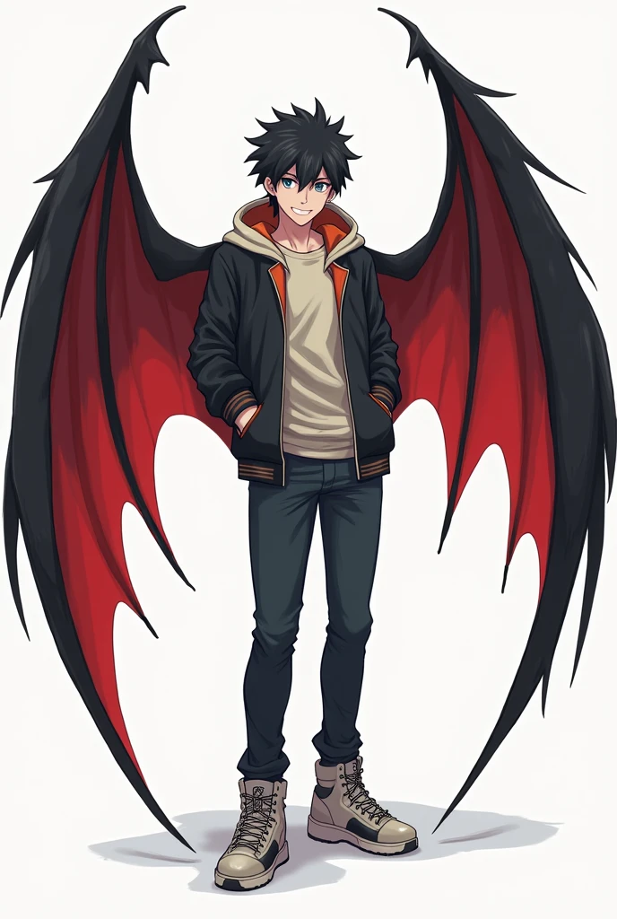 create a picture of an anthropomorphic dragon with red scales and bright red eyes and black horns and messy black hair, make him wearing black jeans and an open black coat and black boots, make his outfit tattered, make his wings look damaged, make him look menacing, make it in an anime style