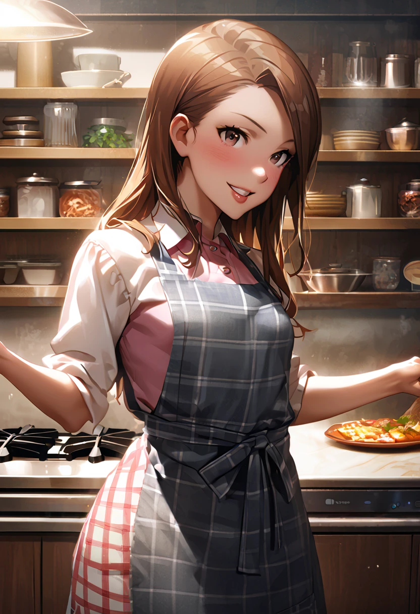 ((  small breasts))、Minase Iori、 Brown Hair、  glossy lips 、 Glowing Skin 、 realistic skin texture、Checked Apron、1 girl who loves me 、 staring at me in the kitchen、、 smiling with her mouth open 