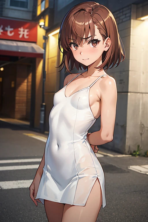 misaka mikoto、 shiny hair,  short hair, ( beautiful brown eyes、)、smile、 super detailed eyes、((hair clip)), highly detailed faces being avenged,  highly detailed eyes ,cowboy shot,、( One Girl )、 ,Master Piece,  top quality ,  high res, masterpiece , 




((  be careful )), Translucent Thin Camisole Dress,((( anime style:2, mature woman,Shyness, small breasts,18 years old))), red face,Teary-eyed,Shyness, short hair,Downtown Street Corner at Night ,passenger,(Areola),, fold your arms behind your back, black hair, of your bust