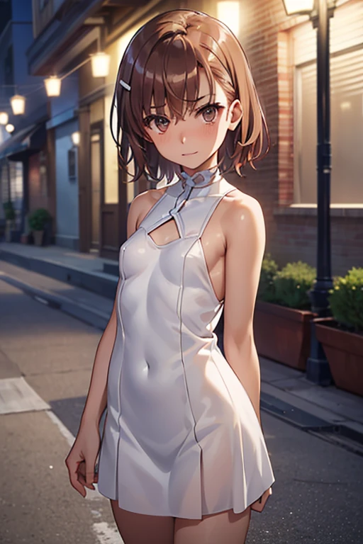 misaka mikoto、 shiny hair,  short hair, ( beautiful brown eyes、)、smile、 super detailed eyes、((hair clip)), highly detailed faces being avenged,  highly detailed eyes ,cowboy shot,、( One Girl )、 ,Master Piece,  top quality ,  high res, masterpiece , 




((  be careful )), Translucent Thin Camisole Dress,((( anime style:2, mature woman,Shyness, small breasts,18 years old))), red face,Teary-eyed,Shyness, short hair,Downtown Street Corner at Night ,passenger,(Areola),, fold your arms behind your back, black hair, of your bust