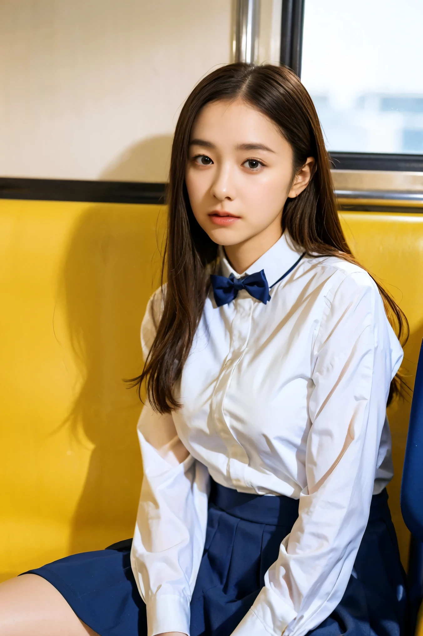 masterpiece, High resolution, Ultra High resolution, 4K, perfect hands,Black Hair, Japanese Girls, Navy blue Uniform skirt, White shirt, bow tie, Accentuate your thighs, White thighs, Soft thighs, Shiny thighs, Sitting on a train, Facing angle, Angle from below, Sitting on a train Seat, Sit in front, Zoom camera to hip joint, Put your feet on the train floor, whole body, Looking down and sleepy, Watch only viewers, Highest quality, Ultra High resolution, Realistic, High resolution, detailed, RAW Photos, sharp, Nikon Film Pictures, Images and Stock Photos, Rich lens color, Ultra-realistic and realistic texture, Dramatic lighting, Unreal Engine,