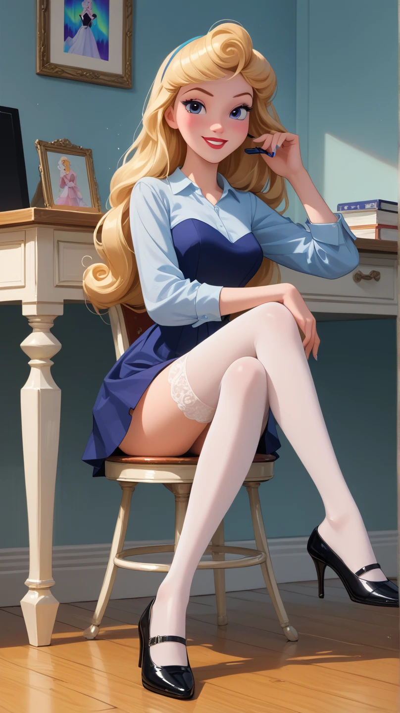 PonyXLV6_Scores ,source_anime, masterpiece,best quality, highly detailed, full body view,BREAK Aurora,1girl, porcelain doll, solo, blonde hair, blue-purple eyes, naughty face, small-medium beautiful feet, loose hair, ((Aurora Disney 3D render)), (Aurora wearing as a sexy teacher, sitting on a chair behind of a desk, reviewing some notebooks, crosslegs, stockings, removing one shoe, missing one shoe,(Aurora's face exactly as original Disney character),