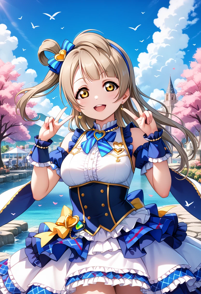 {{love live! school idol project, love live!, minami kotori,yellow eyes,light brown hair, many hearts and birds idol costume, double peace, straight-on, intricate, detail eyes, detail focus face, hyper-detailed, 100-layer, amazing quality, excellent, {{{{ultra-high resolution}}}}, {{{hi-vision anime}}}}, anatomy, 8k wallpaper , extremely detailed CG unity 8k wallpaper, masterpiece, best quality, extremely detailed CG , super fine illustration , ultra detailed, (ultra detailed illustration:1.4), perfect body balance composition8k wallpaper , extremely detailed CG unity 8k wallpaper, masterpiece, best quality, extremely detailed CG , super fine illustration , ultra detailed, detailed beautiful face and eyes , detail focus hand, (ultra detailed illustration:1.4),(best quality:1.4), 