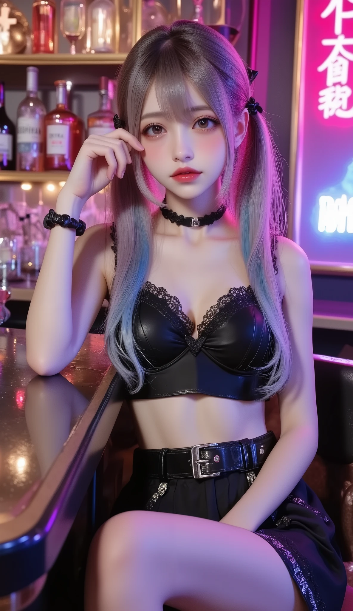 photo realistic,1girl\(sitting on the ground, full body,parfect hands,purple hair with gradient streaks of blue and silver,side twin tail, detailed face with glowing violet eyes, making a playful finger-framing gesture around her eye, Jiraikei_Fashion_Flux, natural pose with slightly tilted head, serene expression with a gentle smile, flowing hair strands illuminated softly by diffused lighting\),sitting in a stylish underground bar, dimly lit with warm neon signs casting a soft glow, polished black and gold counter with elegant barstools, colorful cocktail glasses and vintage bottles lined up on shelves behind her, faint haze of smoke adding mystery, vibrant purple and pink lights reflecting off metallic surfaces, faint sparkle of glitter scattered across the floor, glowing fairy lights draped along the walls, ultra-detailed textures, cinematic lighting, ray tracing effects, 8k resolution, masterful composition