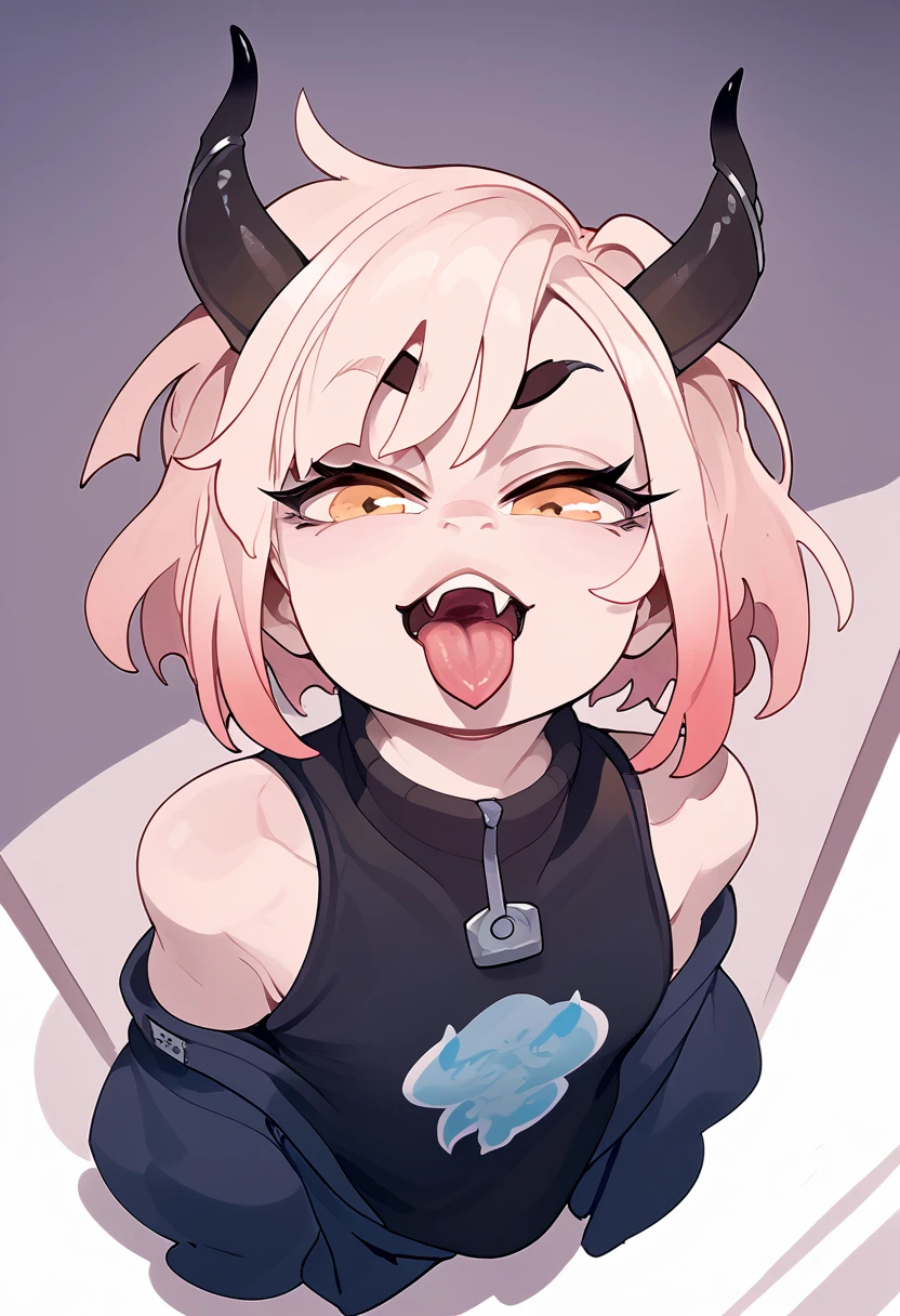 1girl, Looking at viewer, Short Hair, Bangs, Hair Ornament, Horns, Tongue, Fang, Tongue Out, From Above, High Resolution, Anatomically Correct, Accurate, High Details, Best Quality, UHD, 