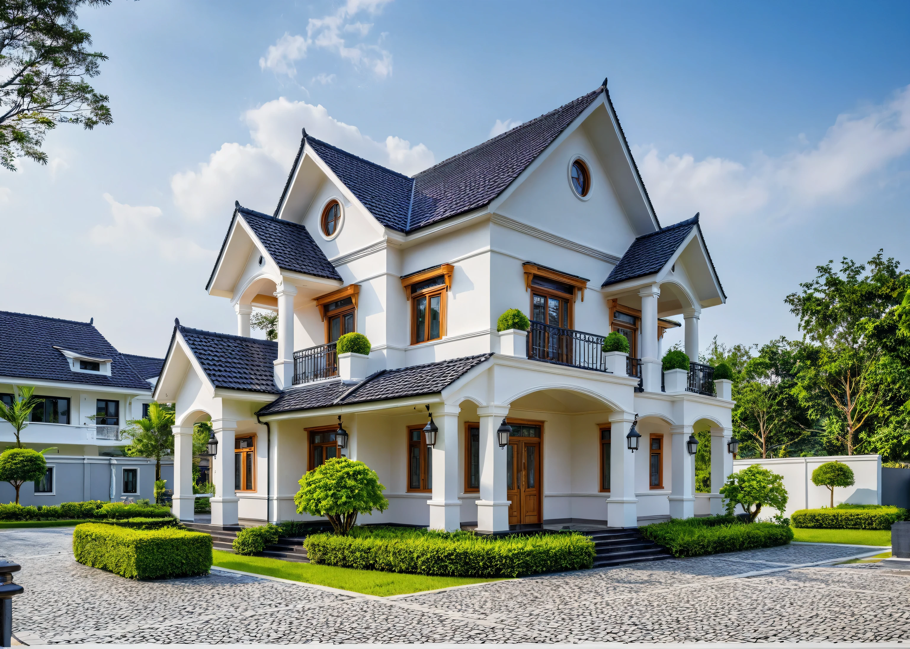 (masterpiece:1.2), best quality, photo of A two-story modern house in VietNam with white walls and dark tiles on the roof., tree and plant environment,daylight, streetcapes, natural light, vivid color, The exterior of an elegant single family home features large windows, a dark gray door frame.