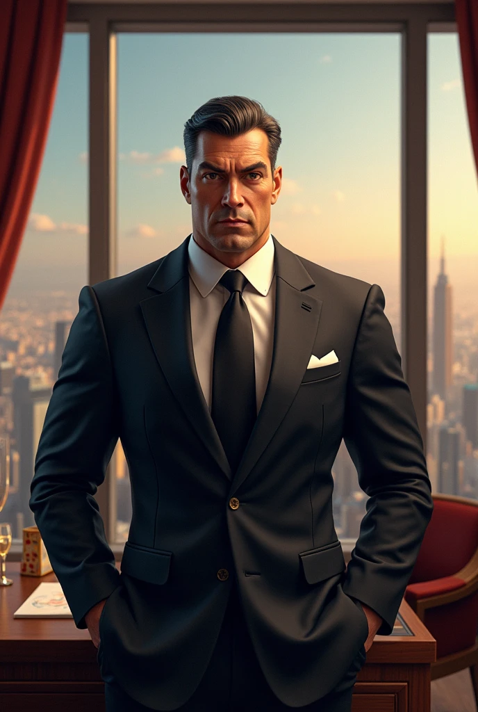 A rich handsome businessman at his fancy office, pixar style, cinematic, masterpiece, high-aesthetic, realistic 