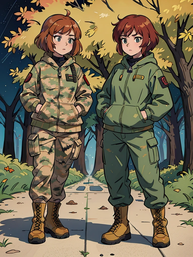  anime girl with short red hair, wearing a camouflage jacket, camouflage balaclava, camouflage pants, and army boots,  forest, autumn, night