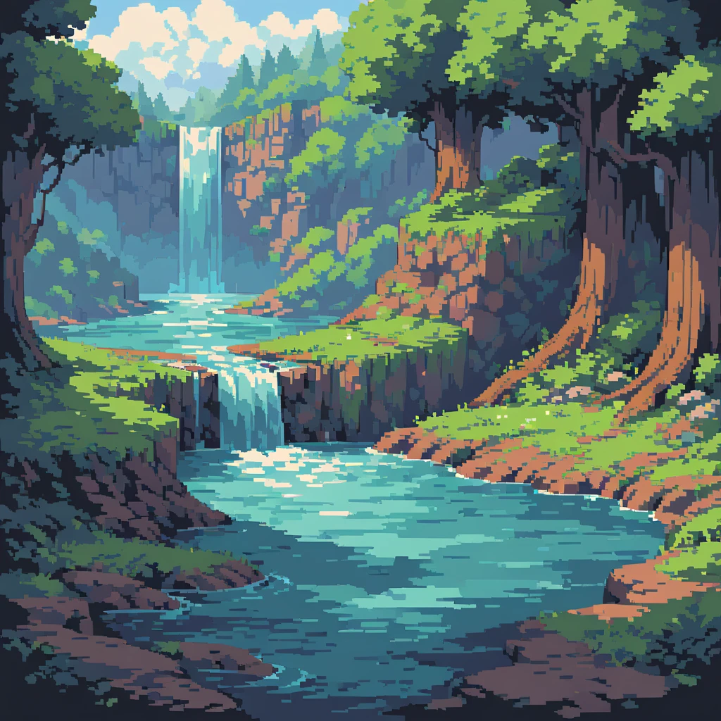 Retro video game style, pixelated, vibrant colors, 8-bit characters, RPG style, sharp lines, detailed shading, detailed shading, classic gaming vibe, nostalgic atmosphere, classic arcade games. Masterpiece:1.2, ultra-detailed, illustration style. 2D texture, river, waterfall, lake