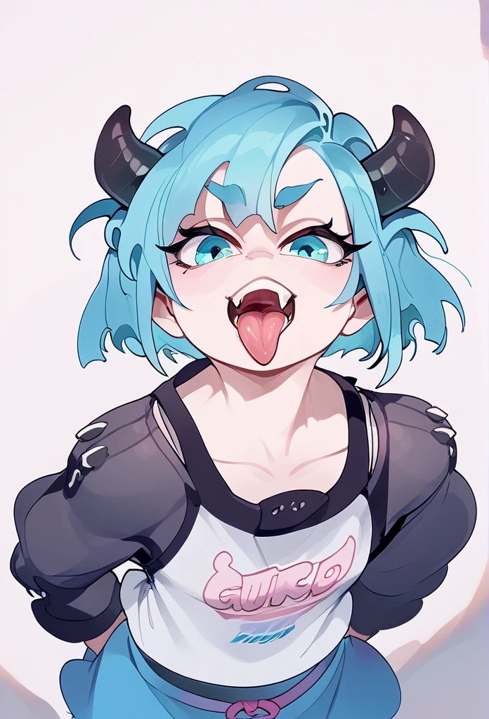 1girl, Looking at viewer, Short Hair, Bangs, Hair Ornament, Horns, Tongue, Fang, Tongue Out, From Above, High Resolution, Anatomically Correct, Accurate, High Details, Best Quality, UHD, 