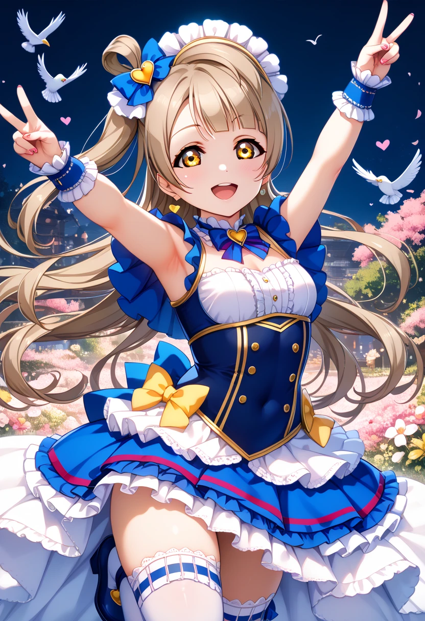 {{love live! school idol project, love live!, minami kotori,yellow eyes,light brown hair, many hearts and birds idol costume, arms raised in the air, double peace, straight-on, intricate, detail eyes, detail focus face, hyper-detailed, 100-layer, amazing quality, excellent, {{{{ultra-high resolution}}}}, {{{hi-vision anime}}}}, anatomy, 8k wallpaper , extremely detailed CG unity 8k wallpaper, masterpiece, best quality, extremely detailed CG , super fine illustration , ultra detailed, (ultra detailed illustration:1.4), perfect body balance composition8k wallpaper , extremely detailed CG unity 8k wallpaper, masterpiece, best quality, extremely detailed CG , super fine illustration , ultra detailed, detailed beautiful face and eyes , detail focus hand, (ultra detailed illustration:1.4),(best quality:1.4), 