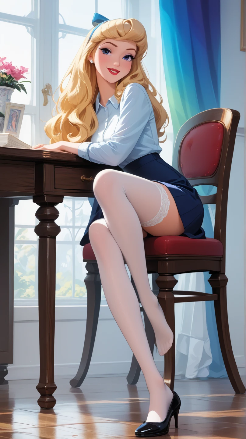 PonyXLV6_Scores ,source_anime, masterpiece,best quality, highly detailed, full body view,BREAK Aurora,1girl, porcelain doll, solo, blonde hair, blue-purple eyes, naughty face, small-medium beautiful feet, loose hair, ((Aurora Disney 3D render)), (Aurora wearing as a sexy teacher, sitting on a chair behind of a desk, reviewing some notebooks, crosslegs, stockings), ((taking off one shoe, missing one shoe, showing right foot-toes)), (Aurora's face exactly as original Disney character),