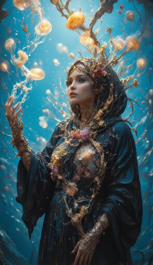 
A mysterious womam in a hooded robe, her body entwined with delicate, blossoming vines and ethereal flowers, stands against a soft blue background. Intricate floral patterns grow from her robe, curling with life and light, while she reach out toward a glowing, translucent jellyfish floating gracefully in front of her. The scene has a wavy underwater with bubble, otherworldly atmosphere, blending nature with magic and fantasy. 
