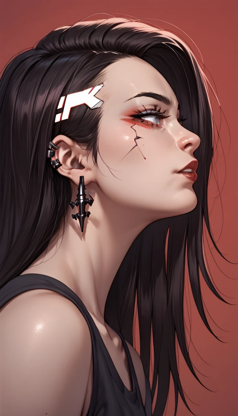 side view, goth, cyberpunk vibes, red background