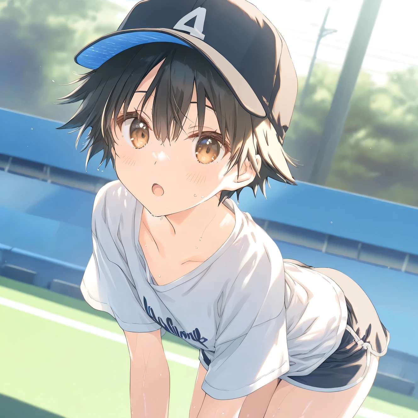Naked with a baseball cap,Smile,Short Hair,NSFW,Sweaty all over,,8years,Double teeth,blush,Ground