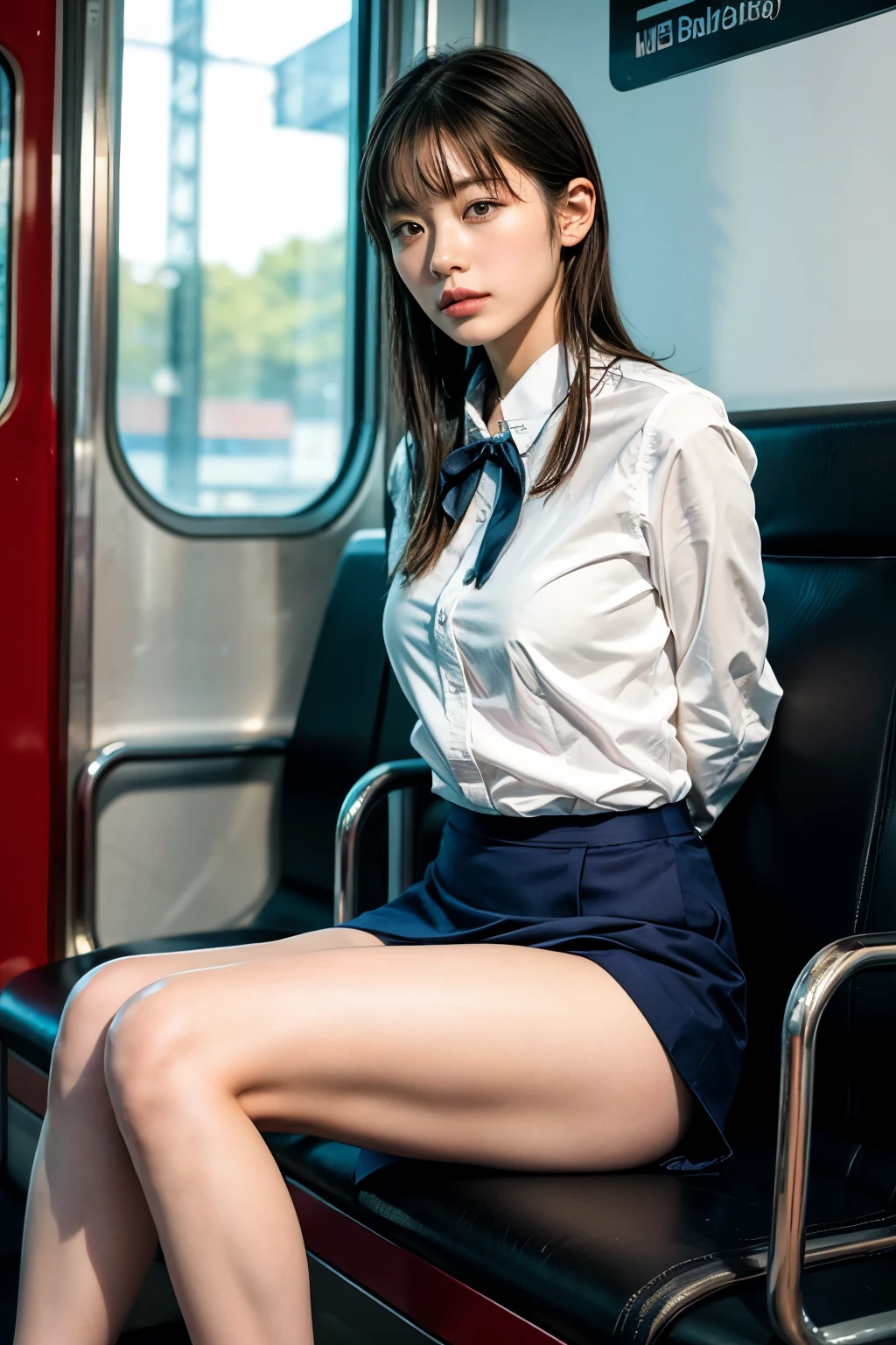 Atmospheric perspective, 8K, Very detailed, Accurate, Highest quality, Inside the train, dyed in the sunset, 1 female, Droopy eyes, sleepy, Low Angle, Pants with a luxurious design and vibrant colors, Drawing pants with extreme precision, Stockings up to the thighs, Showing off her panties to the camera, Masturbation, Ecstasy face,  Spread your legs, Open your mouth, (Flight attendant winter uniform), Earrings, (Put your hair up), ((NFSW:1.6))