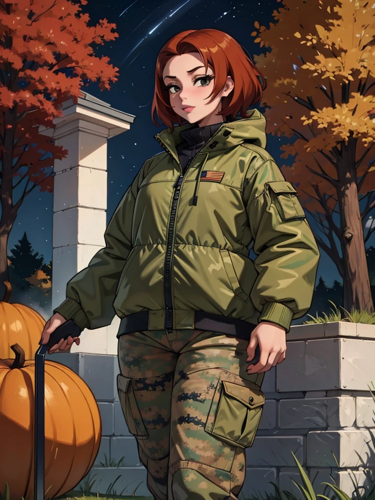 anime girl with short red hair, wearing a camouflage jacket, camouflage balaclava, camouflage pants, and army boots, forest, autumn, night