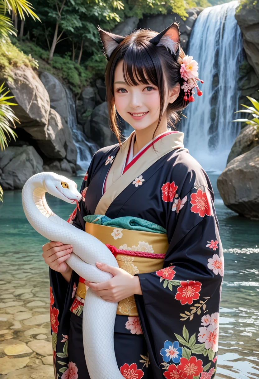 The snake is about to attack, (((Wearing a kimono):1.4)),  solemnly wears a beautiful furunose ,I'm holding a white snake in the palm of my hand, ((( beautiful woman with real black cat ears :1.4))), Fluffy cat ears,  kimono, I'm wearing a solemn kimono, (((Dignified shawl with furunose:1.4))), Black Bob,  shortcuts, Ears are hidden, (((White Snake))), First sunrise of the year, god々Shii, (((Mt. Fuji and the Asahi :1.4))), スーパー Details, Realistic pictures, sharp,  Details,  high res, 8k, 4K, 超 high res,  bright smile,  particle effect , 美Shii立ち姿, 美Shii湖,  woman holding a snake in front of a waterfall with a waterfall in the background, 美Shii若い猫娘, Attractive cat girl,  very beautiful and cute girl with cat ears ,  girl with cat ears , Woman with cat ears, リアルな girl with cat ears , whole body, 