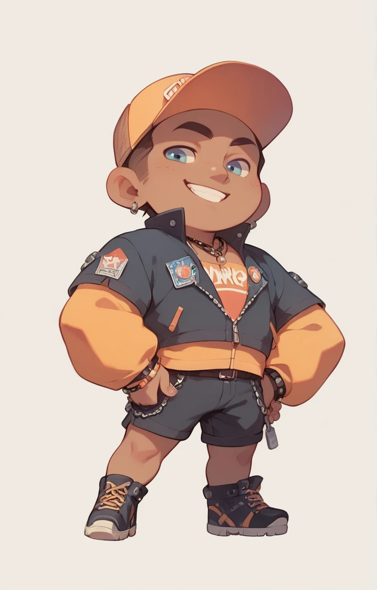 # **Prompt:** # “A chibi-style male character with dark skin   . A rapper-style and orange and black as the main colors.  stands against a plain white background. The overall design emphasizes a fun and dynamic aesthetic with small proportions and expressive features.”
