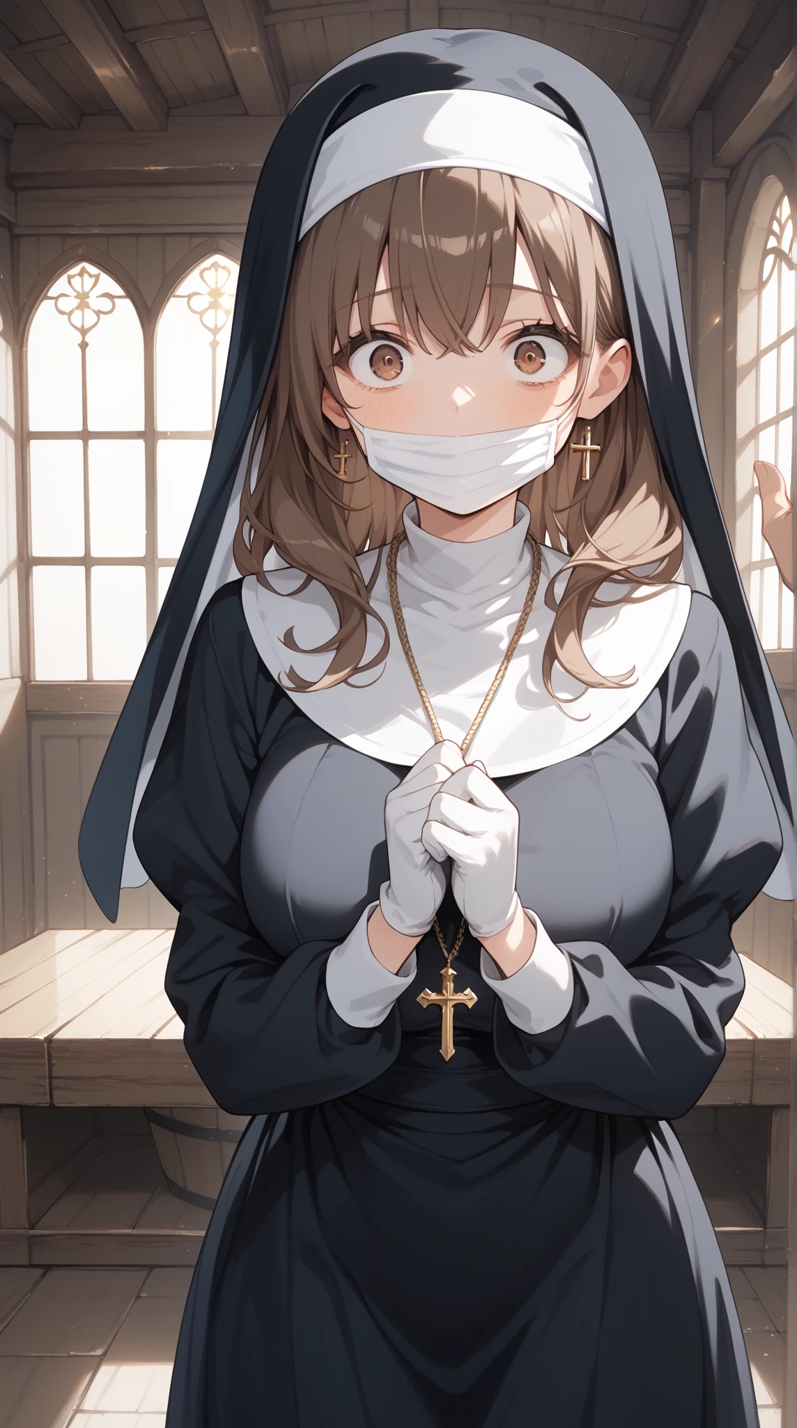 Anime-style character, source_anime, neolight, backlighting, light rays, 1girl, adult woman, beautiful, best perfect anatomy, A pale anime mature woman, nun (black nun habit, cross necklace, white glove, wearing white surgical mask), 1 woman, lonely, deep brown eyes, long hair, deep brown hair, straight hair, waist length hair, bangs, Pretty Face, cute, anime girl with Surprise face, Constricted pupils, depressing face, scared look, traumatized, Fear, shaded face, looking a view, scared poses, medium Up, Single Shot, Shooting from the person, kabedon, pov hands (background : medieval storage room, very small space),