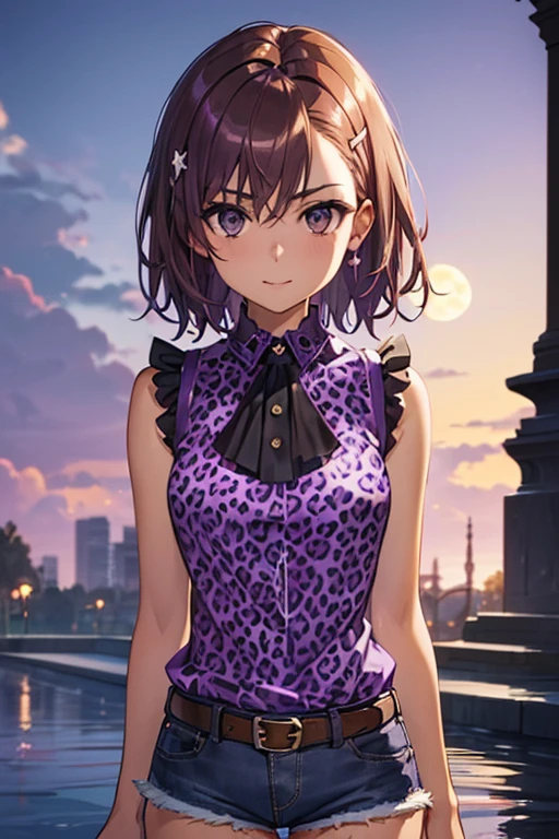 misaka mikoto、 shiny hair,  short hair, ( beautiful brown eyes、)、smile、 super detailed eyes、((hair clip)), highly detailed faces being avenged,  highly detailed eyes ,cowboy shot,、( One Girl )、 ,Master Piece,  top quality ,  high res, masterpiece , 



 (Four Corners, FOUNTAIN,   knight , star, moonlight,  halter neck blouse, ((purple blouse, (purple leopard print blouse ))),  sleeveless blouse, Short blouse, (Mini Short,  denim shorts))