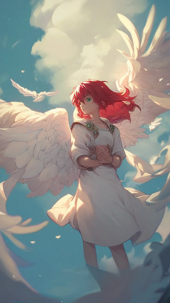 Mana Kirishima, green eyes, perfect eyes, hand perfect, Angel,  Angel Wings Looking at the spectator , rising to the blue sky ,  against the background of a mild day in the countryside.  high resolution.