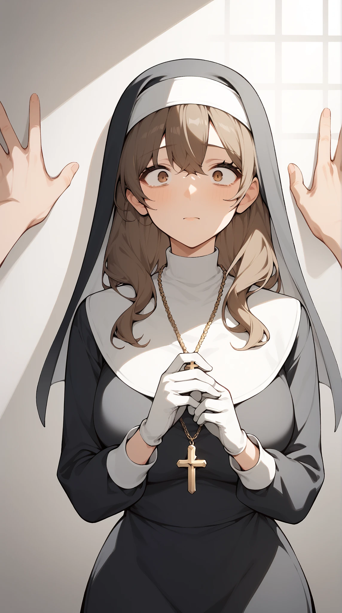 Anime-style character, source_anime, neolight, backlighting, light rays, 1girl, adult woman, beautiful, best perfect anatomy, A pale anime mature woman, nun (black nun habit, cross necklace, white glove, wearing white surgical mask), 1 woman, lonely, deep brown eyes, long hair, deep brown hair, straight hair, waist length hair, bangs, Pretty Face, cute, anime girl with Surprise face, Constricted pupils, depressing face, scared look, traumatized, Fear, shaded face, looking a view, scared poses, medium Up, Single Shot, Shooting from the person, kabedon, pov hands (background : medieval storage room, very small space),