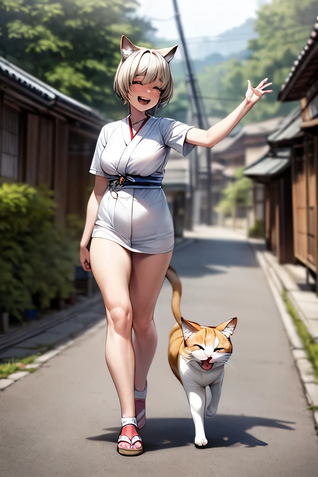 (masterpiece:1.3), (8K, Realistic, RAW Photos, Best image quality: 1.4), raw photo, Girl and calico cat, pretty girl, Calico cat walking with a girl, Girl and calico cat, Very realistic cat, Detailed depiction of a cat, with one hand raised and waving,  (huge Laughing:1.2), (open mouth:1.2), Old townscape of Japan, Green Road, another world, Creating Silence, 