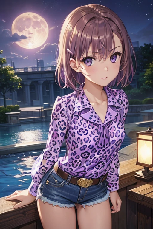 misaka mikoto、 shiny hair,  short hair, ( beautiful brown eyes、)、smile、 super detailed eyes、((hair clip)), highly detailed faces being avenged,  highly detailed eyes ,cowboy shot,、( One Girl )、 ,Master Piece,  top quality ,  high res, masterpiece , 



 (Four Corners, FOUNTAIN,   knight , star, moonlight,  halter neck blouse, ((purple blouse, (purple leopard print blouse ))),  sleeveless blouse, Short blouse, (Mini Short,  denim shorts))