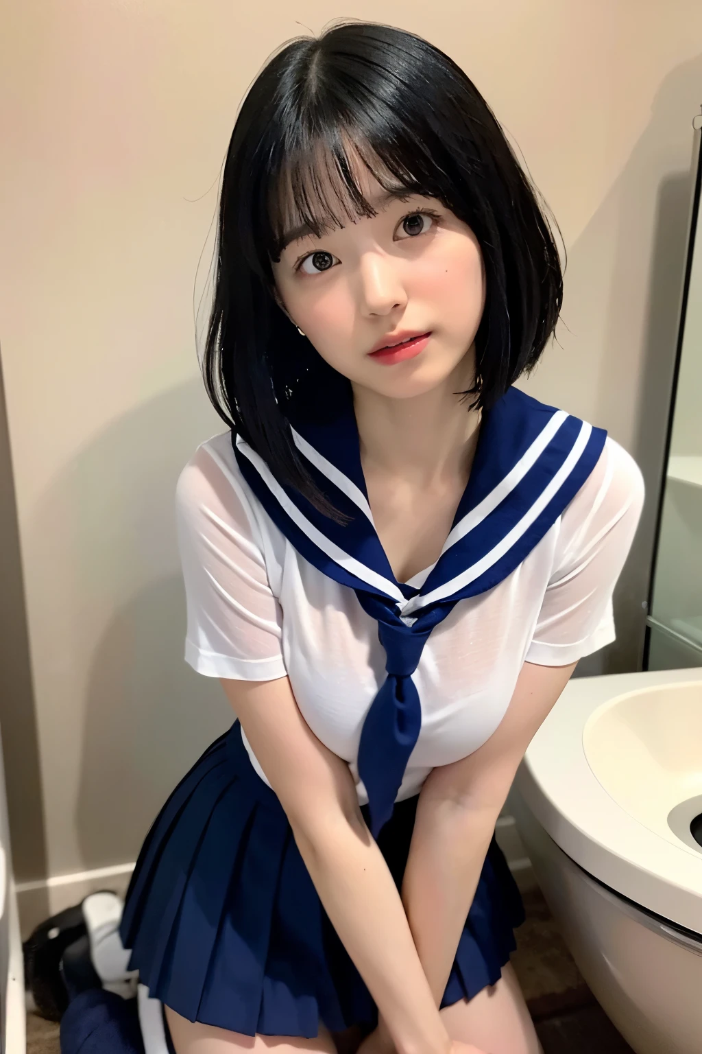 masterpiece, best quality, illustration, Super detailed, fine details, High resolution, 8K,wall paper, perfect dynamic composition,(Details High quality, realistic depiction of eyes:1.3), short hair, (wavy hair:1.2), (Black Sailor Uniform, serafuku, Navy pleated skirt), (nup, wet:1.2), huge breasts, black hair color, Big Natural Color Lip, bold sexy pose, crying a little、cold gaze, Harajuku style、20 year old girl、cute type、lolita、beautiful legs, (bathroom), full body photo、focus on crotch, hposing Gravure Idol, kneeling, blush