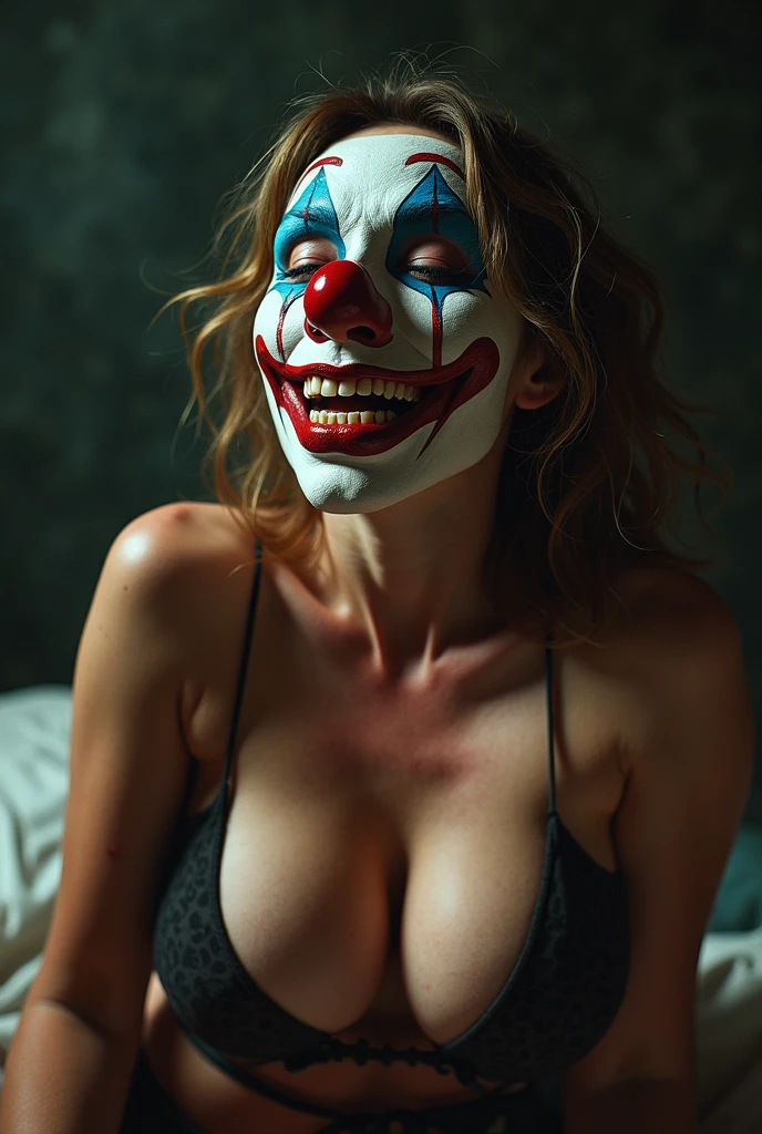 Arms up sweaty pits clown face ahegao face scary face naked girl big breast realistic girl detailed armpit wrinkles detailed quality 